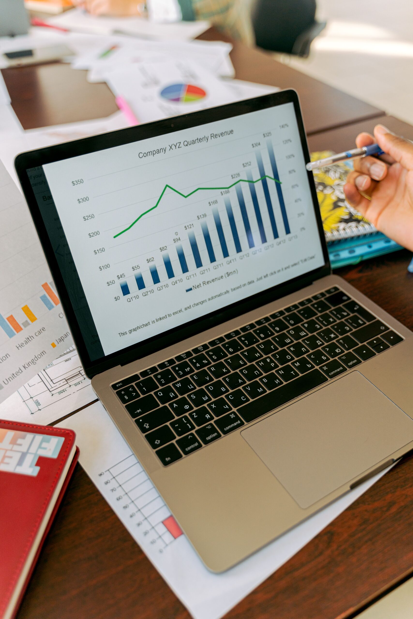 Close-up of a laptop screen showing business analytics and performance charts